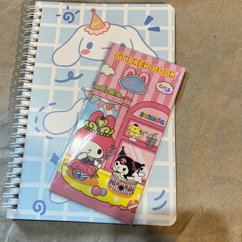 Sanrio Cinnamoroll Spiral Notebook & My Melody Kuromi Sticker Book Set Blue Pink